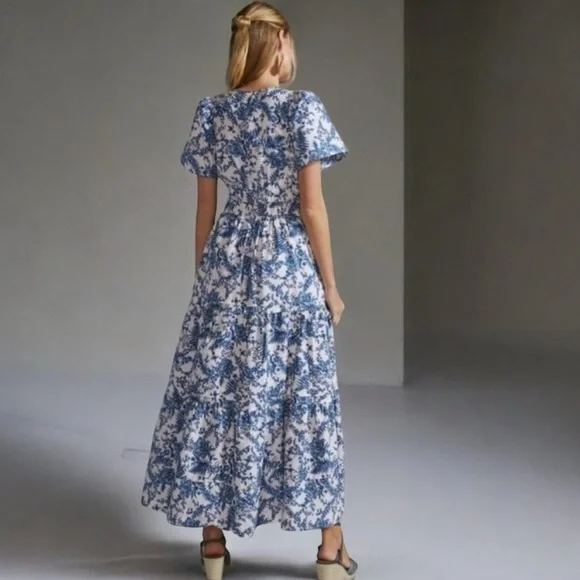 Anthropologie 1X somerset maxi dress toile French blue floral print cottagecore